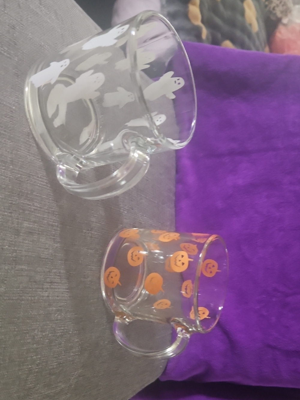 NEW Clear Glass Halloween Mugs with White Ghosts and Orange Pumpkins